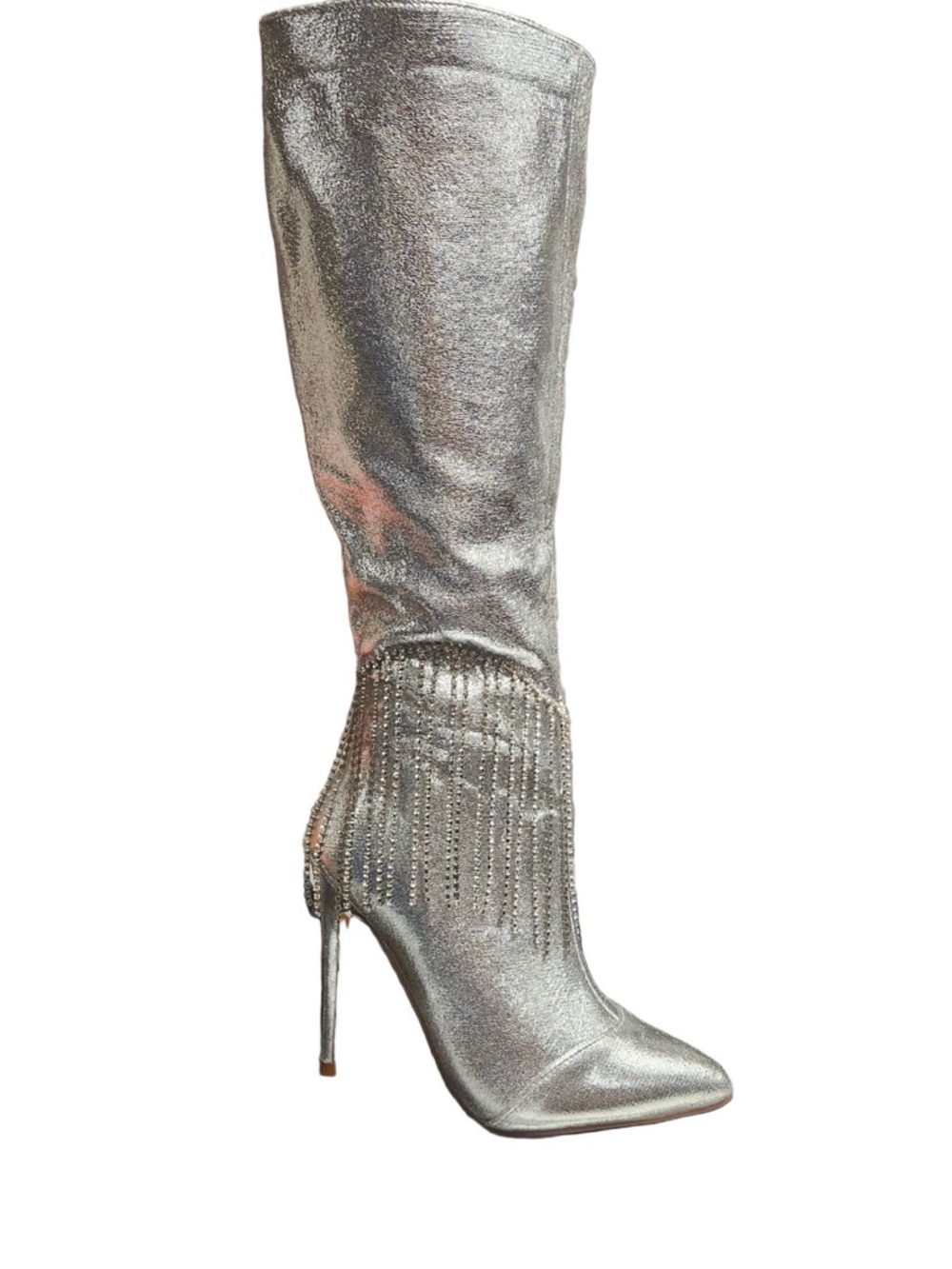 Metallic Silver Pointed-Toe Fringe-Heel Women’s Boots